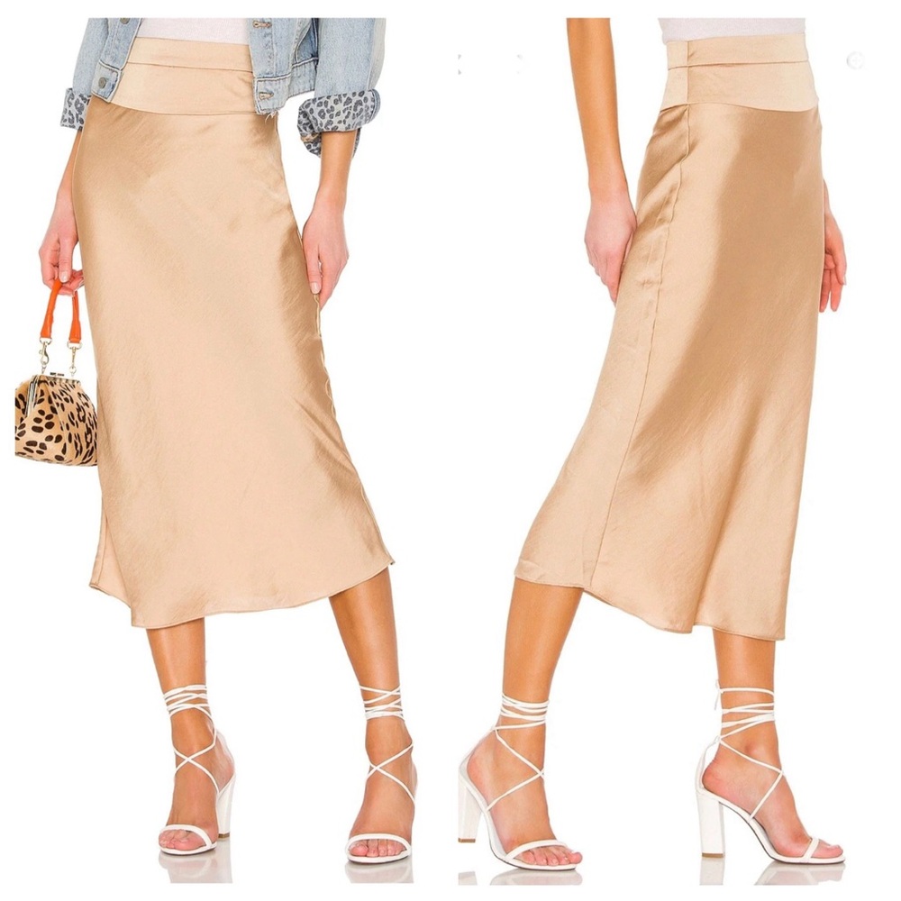 FREE PEOPLE NORMANI BIAS MIDI SKIRT PRALINE HIGH WAIST SILK SATIN